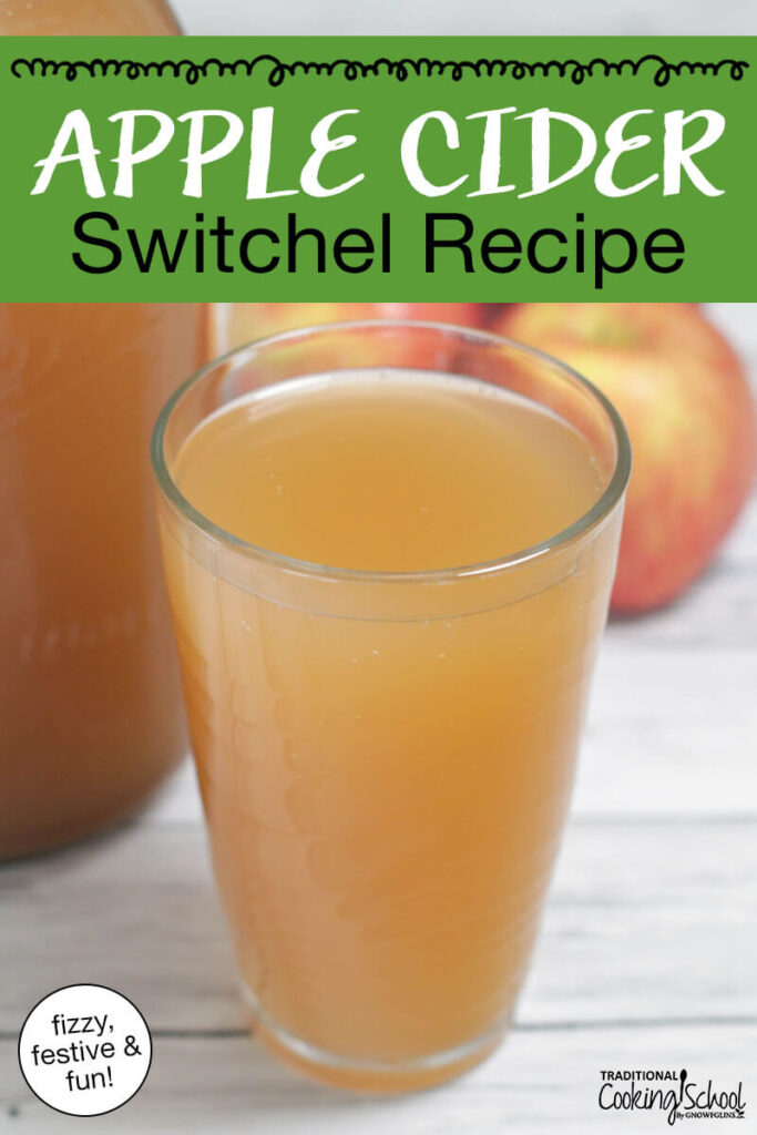Photo of a glass of apple cider switchel with apples in the background. Text overlay says: "Apple Cider Switchel Recipe (fizzy, festive & fun!)"